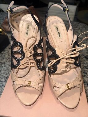 Miu Miu Blush Pink and Black Lace-Up Slingback Heels